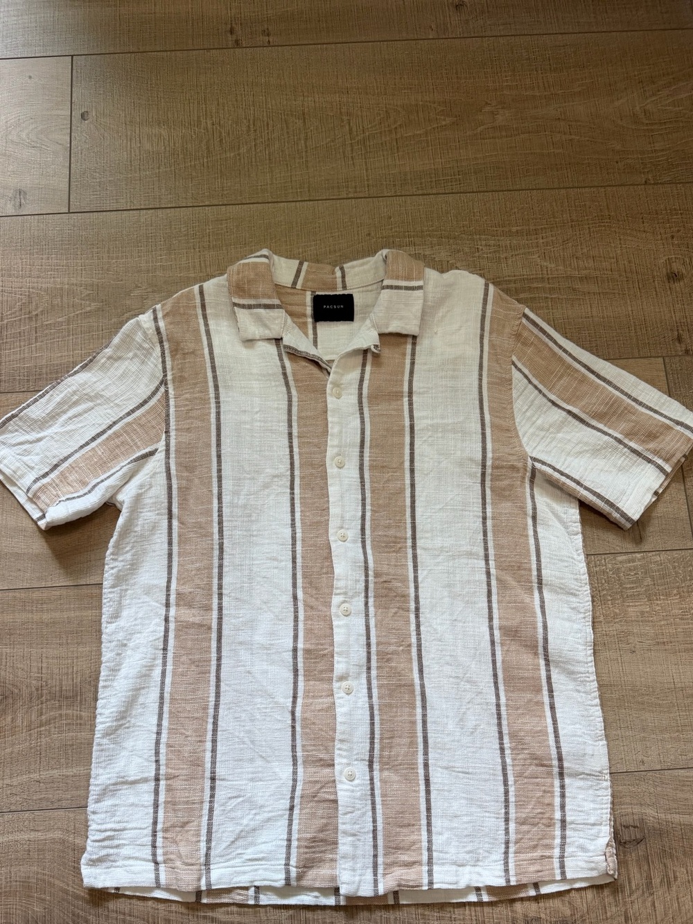 PacSun Striped Short Sleeve Button Up Resort Shirt Tan Cream Gauze Men's M